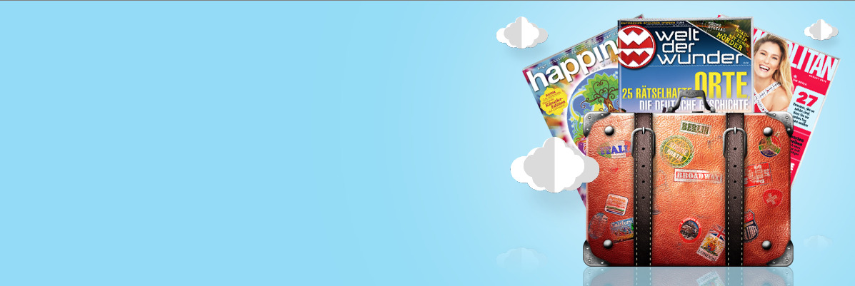 Koffer aus dem die Zeitschriften Happinez, Welt der Wunder und Cosmopolitan herausgucken. Der Hintergrund ist blau