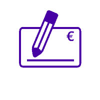 Lila Symbol eines Stifts, der auf einer Karte oder einem Scheck mit Euro-Symbol schreibt. Steht fuer den Service Zahlungsinformation aktualisieren