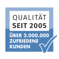 Blau weisse Plakette mit Text Qualitaet seit 2005 Ueber 2 Millionen zufriedene Kunden